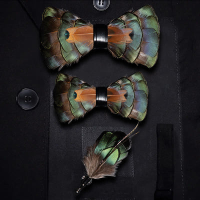 Kid's Emerald Green & Gold Feather Bow Tie with Lapel Pin