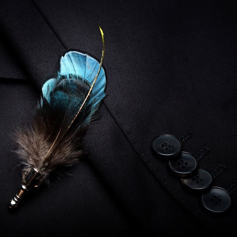 Turquoise & Black Feather Bow Tie with Lapel Pin