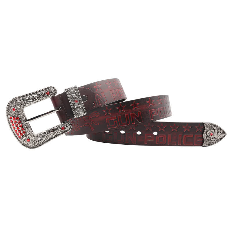 Men's Cowboy Pattern Carved Buckle Leather Belt