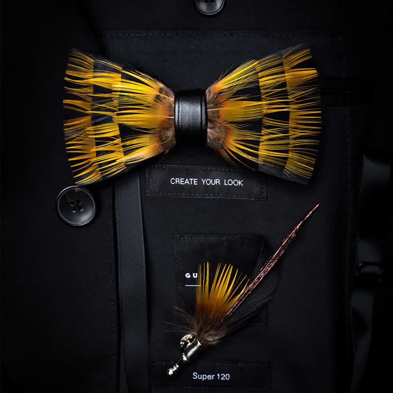 Yellow & Black Night Feather Bow Tie with Lapel Pin