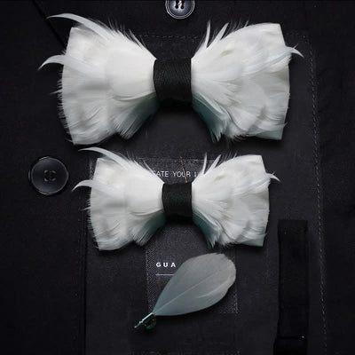 White & Black Elegant Feather Bow Tie with Lapel Pin