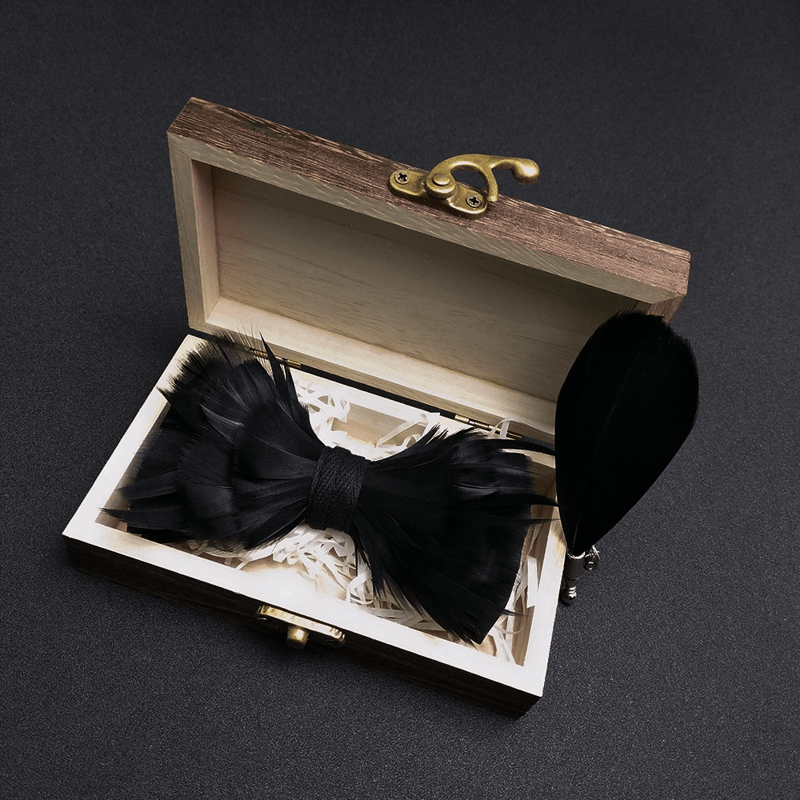 Solid Black Feather Bow Tie with Lapel Pin