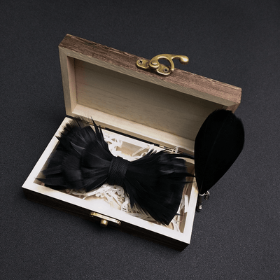 Kid's Solid Black Feather Bow Tie with Lapel Pin