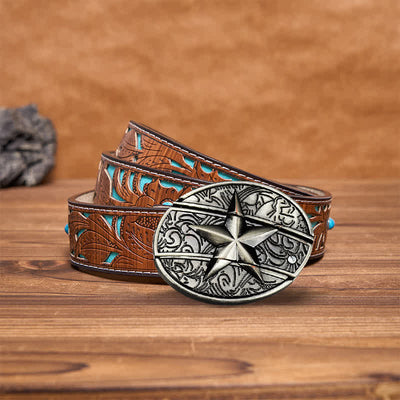 Men's DIY Pentagram Hidden Folding Knife Leather Belt