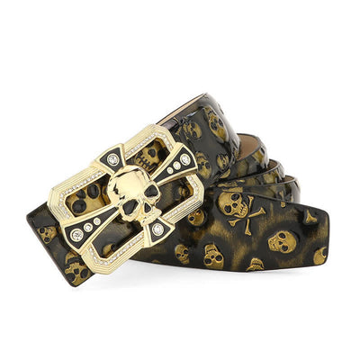 Men's Punk Rhinestone Skull Cross Pattern Leather Belt