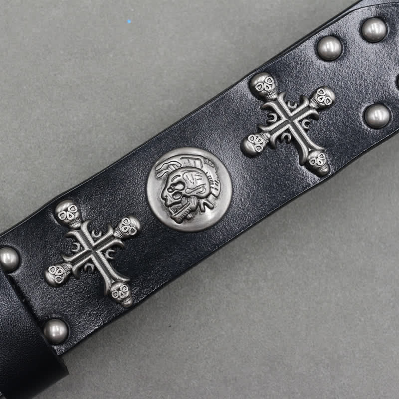 Cross Skull Rivets Double Pin Leather Belt