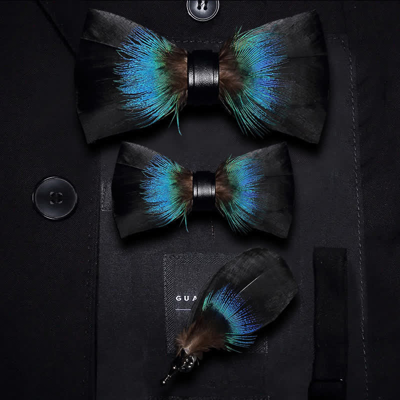 Kid's Black & Blue Versatile Feather Bow Tie with Lapel Pin