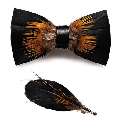 Kid's Orange & Black Sunflower Feather Bow Tie with Lapel Pin