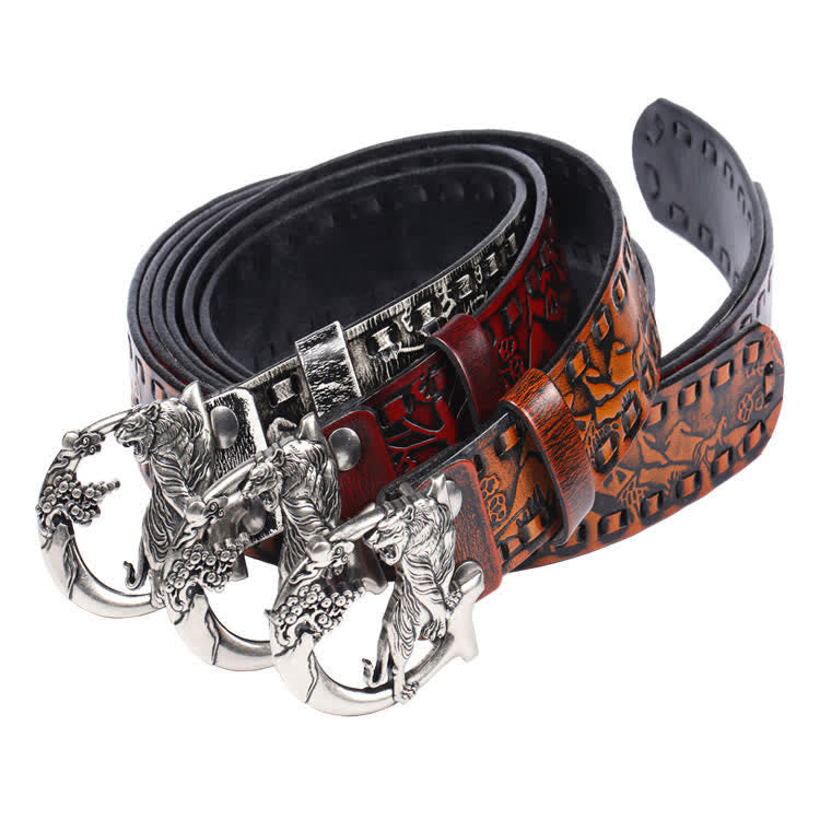 Unisex Retro Tigers Engraved Buckle Leather Belt