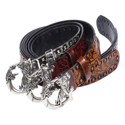 Unisex Retro Tigers Engraved Buckle Leather Belt