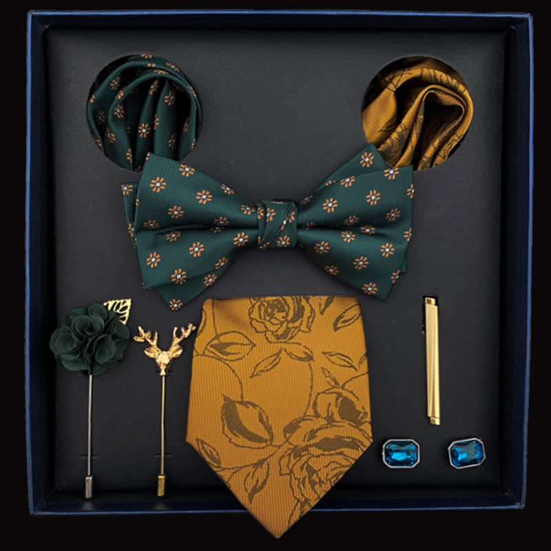 8Pcs Men's Rose Flower DarkGreen Goldenrod Bow Ties Gift Box