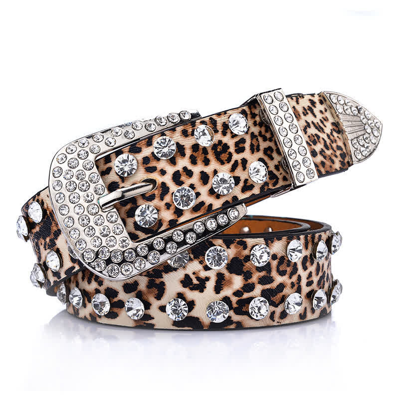 Women's Rhinestones Inlaid Leopard Print Leather Belt