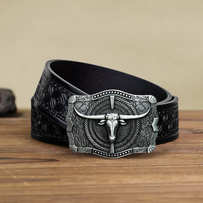 Men's DIY Western Bull Head Buckle Leather Belt