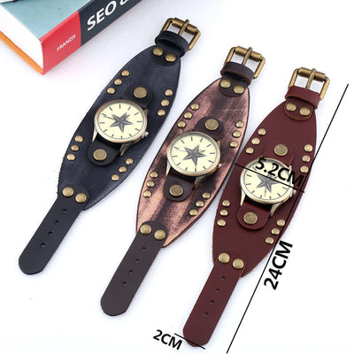 Men's Five-Pionted Star Rivet Cuff Leather Watch