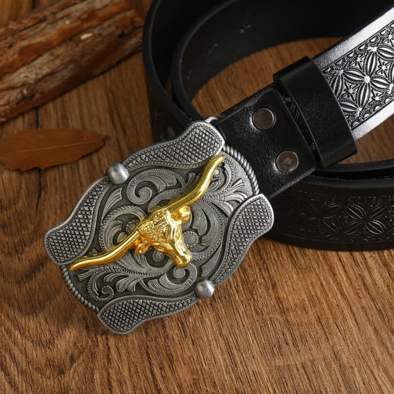 Men's Square Golden Longhorn Bull Leather Belt