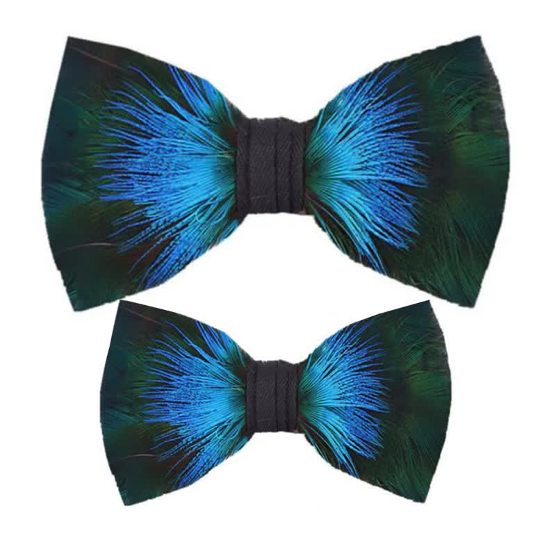Aurora Blue & Green Feather Bow Tie with Lapel Pin