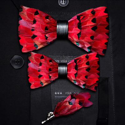 Red Finch Tail Feather Bow Tie with Lapel Pin