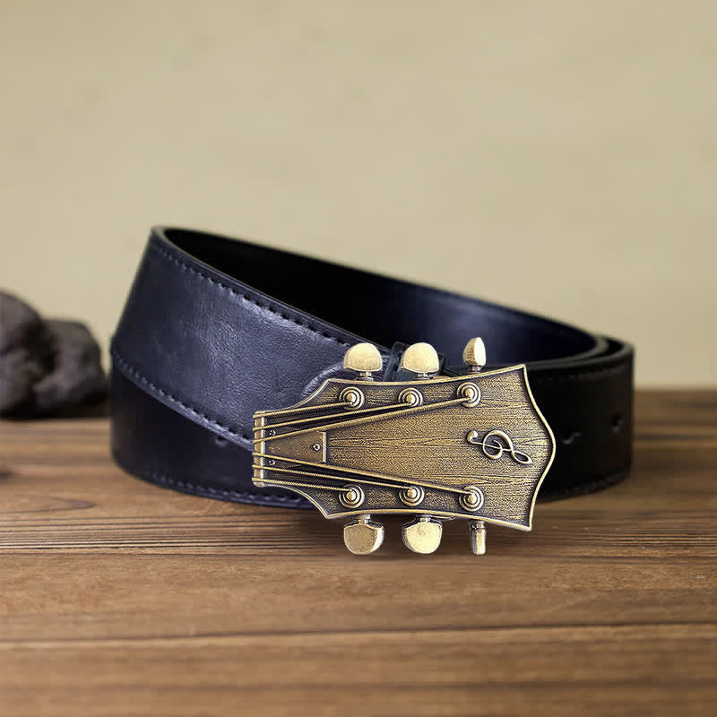 Men's DIY Bronze Guitar Music Buckle Leather Belt