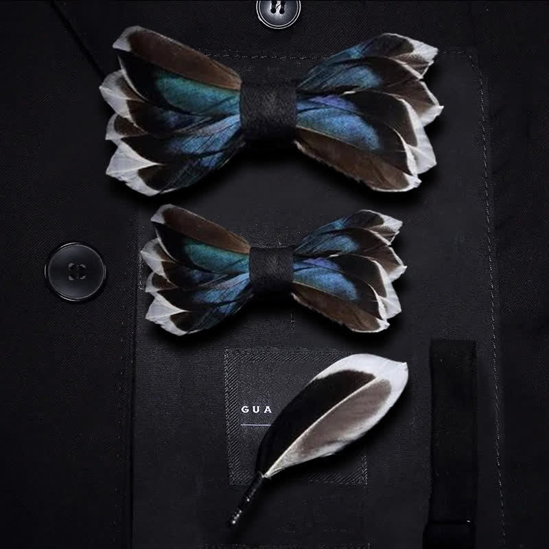 DarkBlue & Brown Graceful Feather Bow Tie with Lapel Pin