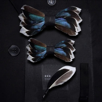 DarkBlue & Brown Graceful Feather Bow Tie with Lapel Pin