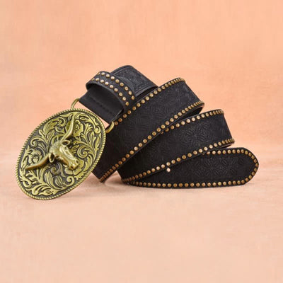 Men's Bull Head Rivet Embossed Leather Belt