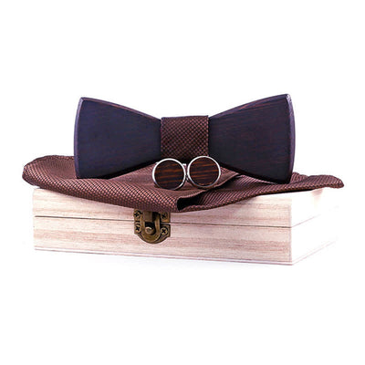 3Pcs Men's Classic Retro Black Wooden Bow Tie Set