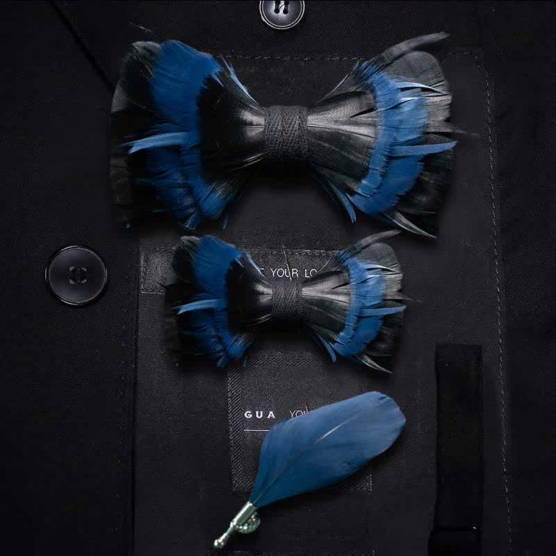 MidnightBlue & Black Feather Bow Tie with Lapel Pin
