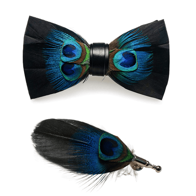 Black & Blue Peacock Eye Feather Bow Tie with Lapel Pin