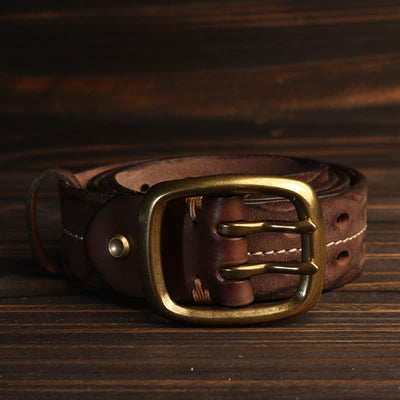 Men's Double Holes Brass Buckle Leather Belt