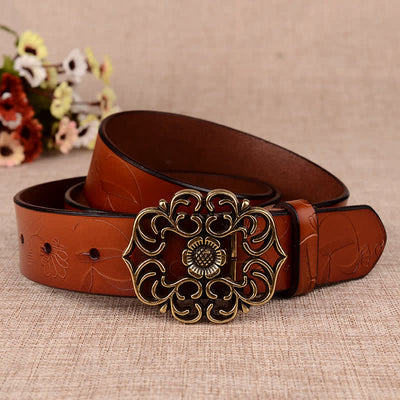 Women's Hollow Sunflower Retro Embossed Leather Belt