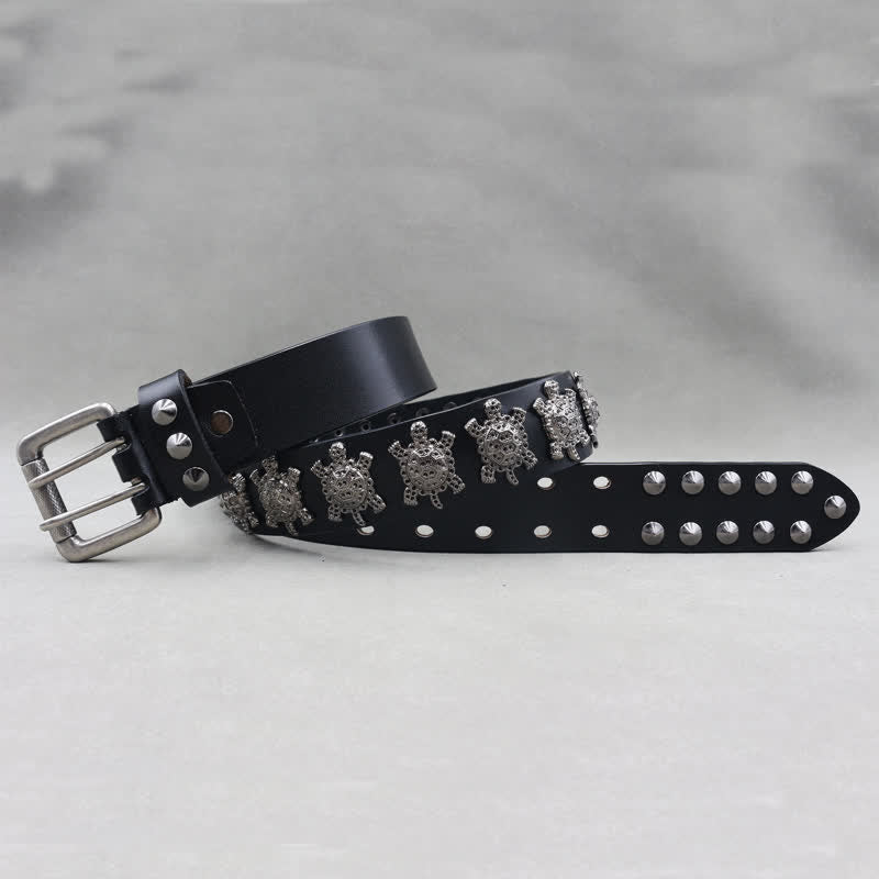 Three-Dimensional Metal Turtle Rivets Double Pin Leather Belt