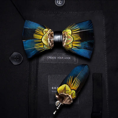 Blue & Yellow Peacock Feather Bow Tie with Lapel Pin