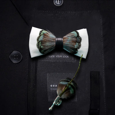 White & Emerald Green Feather Bow Tie with Lapel Pin