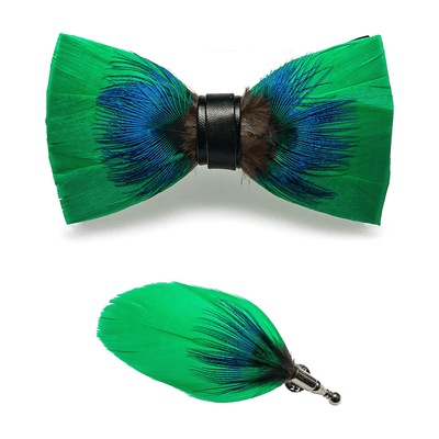 Kid's Blue & Green Novelty Feather Bow Tie with Lapel Pin