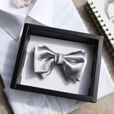 Men's Trendy Glossy Silver Gray Double Layered Bow Tie