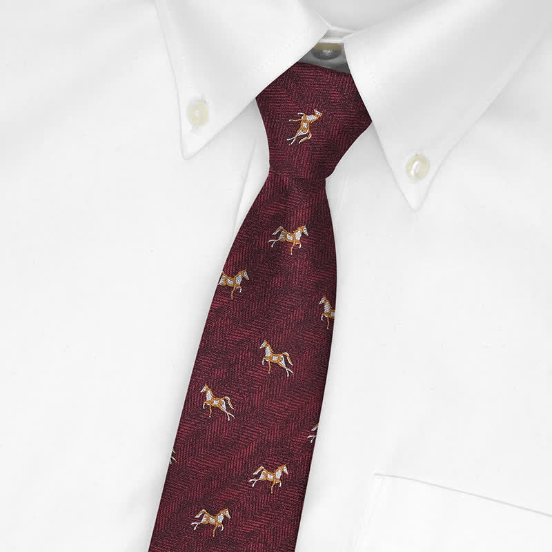 Men's Burgundy Running Horse Animal Pattern Necktie