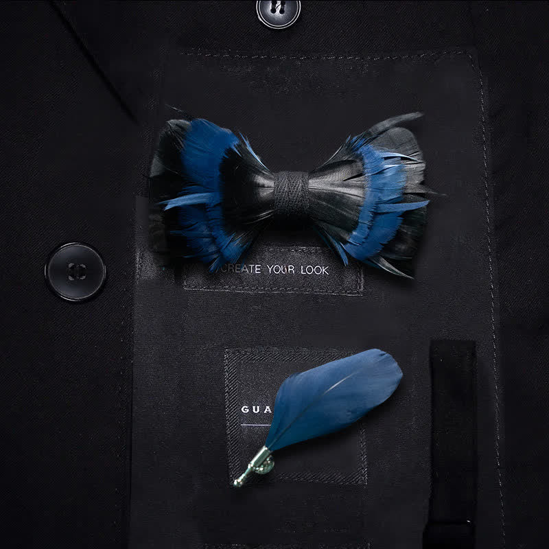 MidnightBlue & Black Feather Bow Tie with Lapel Pin