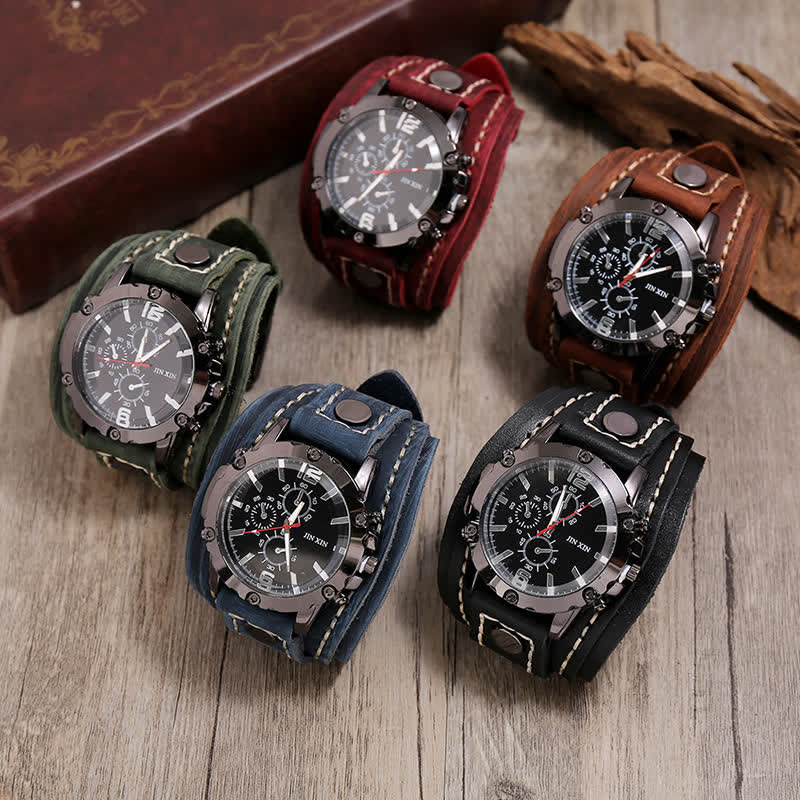 Men's Casual Triple Dial Wide Cuff Leather Watch