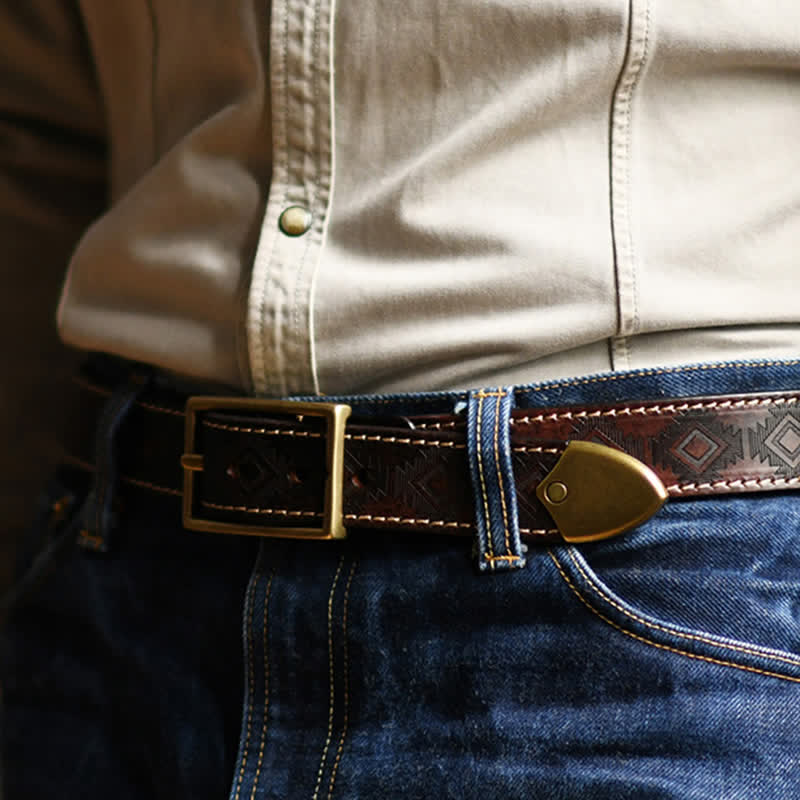 Men's Western Geometric Pattern Leather Belt