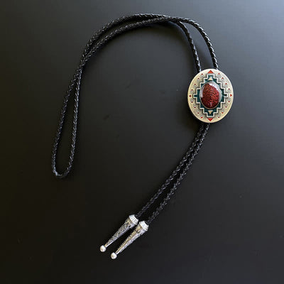 Ruby Green Enamel Indian Antique Bronze Bolo Tie