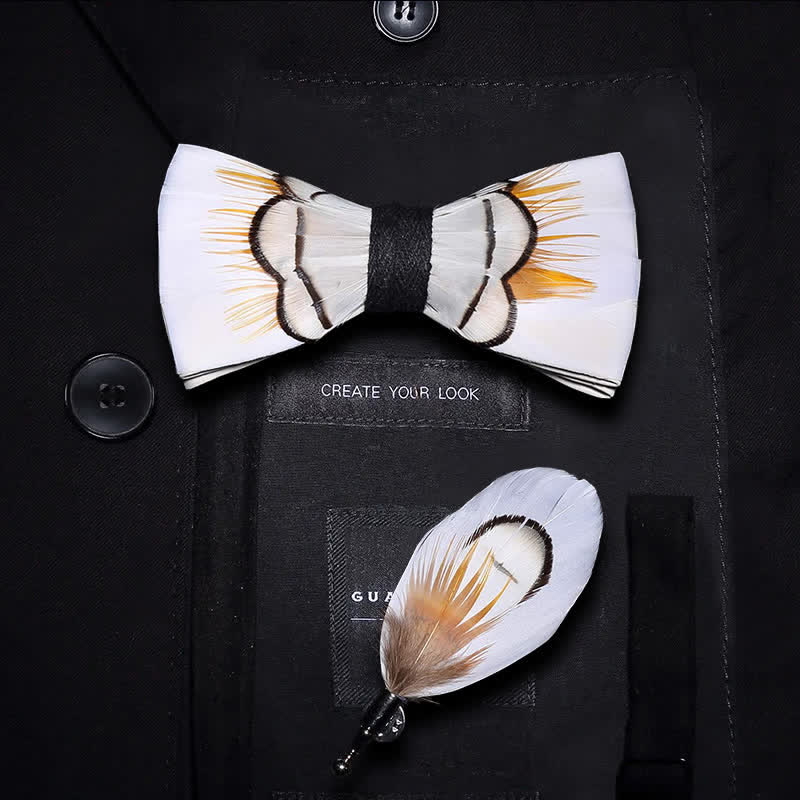Kid's Beige Elegant Feather Bow Tie with Lapel Pin