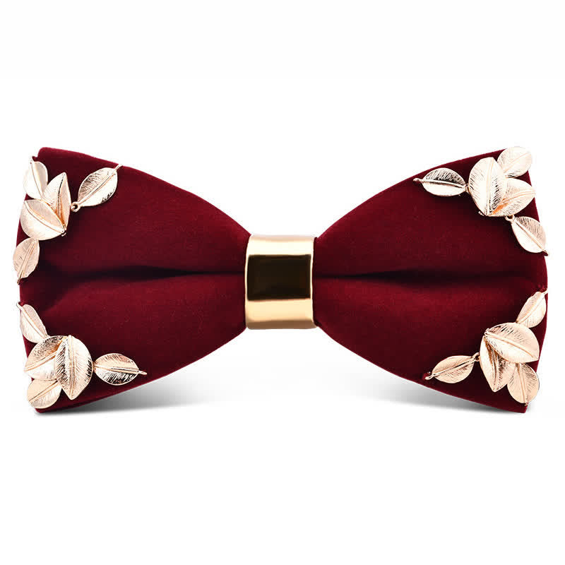 Men's Dark Burgundy Gold Metal Flower Leaves Bow Tie