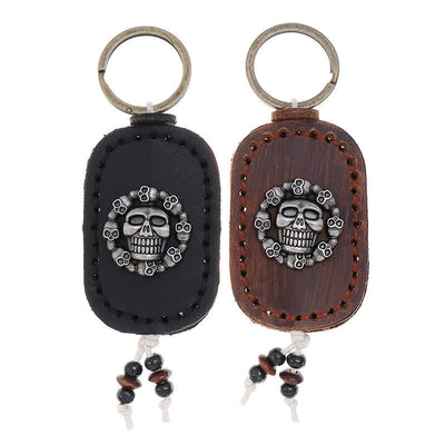 Oval Skull Gothic Style Pendant Leather Keychain