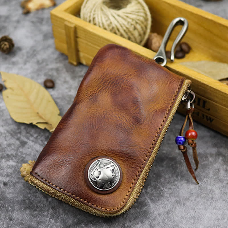 Vintage Medieval Zipper Wallet Leather Key Case