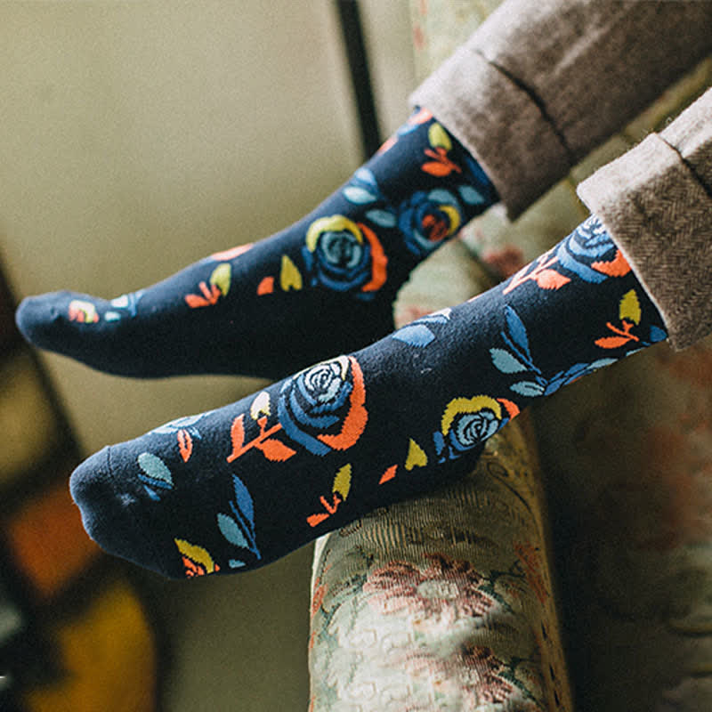 Men's Navy Wild Blue Roses Crew Socks