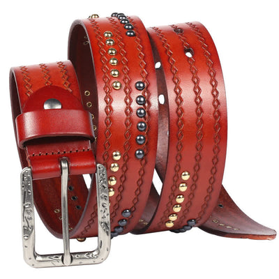 Round Rivet Fancy Stitch Embossed Pattern Leather Belt