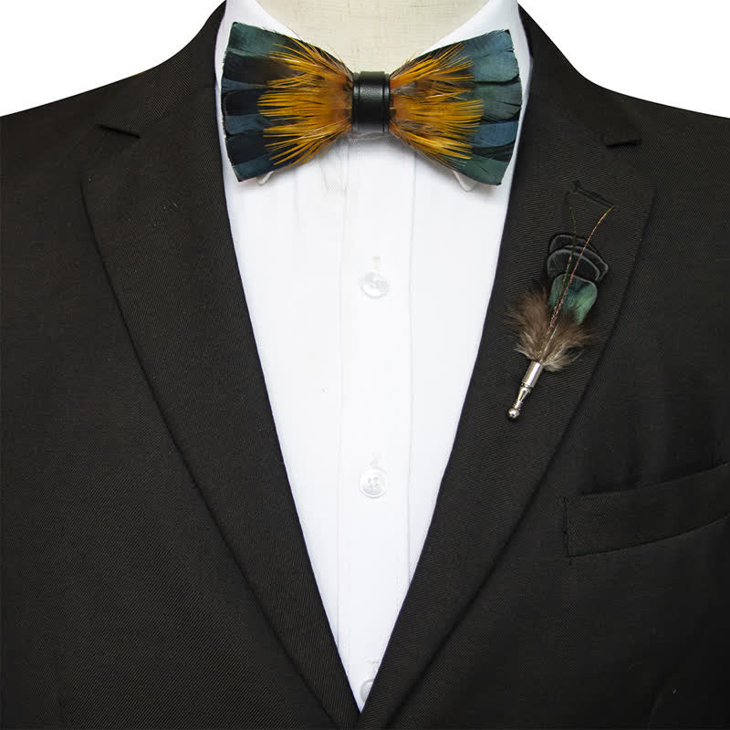 ForestGreen & Yellow Kingfisher Feather Bow Tie with Lapel Pin