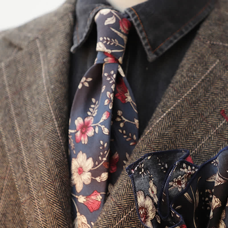 2Pcs Men's Floral Pattern Navy Personality Necktie Set