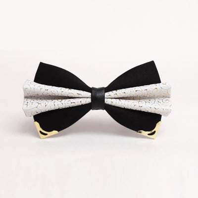 Men's Moire Pattern Double Layer PU Golden Tipped Bow Tie