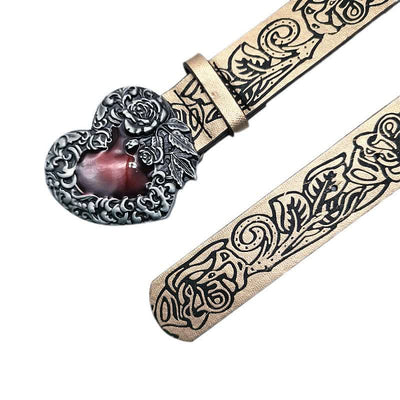 Red Enamel Heart Embossed Rose Pattern Leather Belt